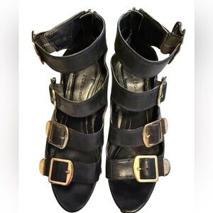 BCBGeneration Patent Leather Wedges, Gold Buckles, Size 6